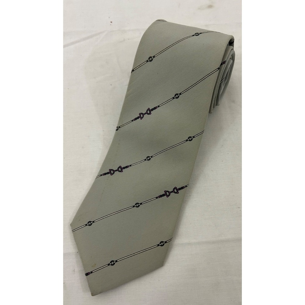 BALLY Silk Mens Gray Skinny Horsebit Pattern Imported 58" Vintage Designer